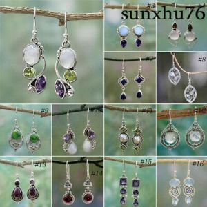    Women 925 Silver Turquoise Ear Hook Stud Dangle Drop Moonstone Sapphire Earrings