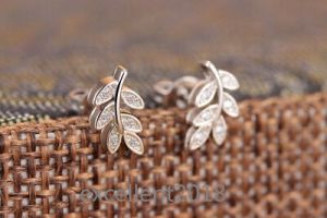    Women 925 Sterling Silver Simple Elegant Zircon Sweet Leaf Ear Stud Earrings