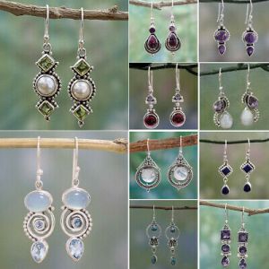    925 Silver Drop Dangle Earrings Ear Hook Mixed Moonstone Opal Ruby Topaz Jewelry