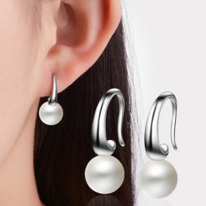    Women 10 mm Pearl Hook Lady Elegant 925 Sterling Silver Ear Stud Earrings