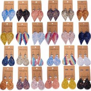    Fashion Real Leather Sequins Leaf Earrings Hook Ear Stud Dangle Drop Summer Gift