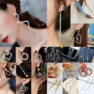    Luxury Long Heart Round Crystal Hoop Earrings Wedding Party Drop Dangle Ear Stud