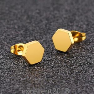    Men Unisex Gold Plated Stainless Steel Hexagon Fashion Unisex Ear Stud Earrings