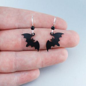    Black Bat Dangle Earrings - Halloween Bats Sterling Silver Ear Wires Handpainted
