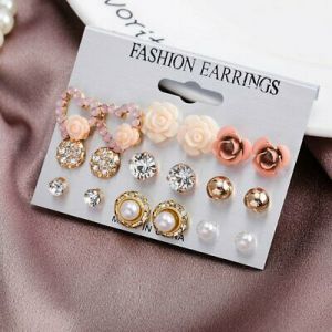   9 Pairs Elegant Crystal Pearl Flower Earrings Set Ear Women Studs Jewelry Gifts